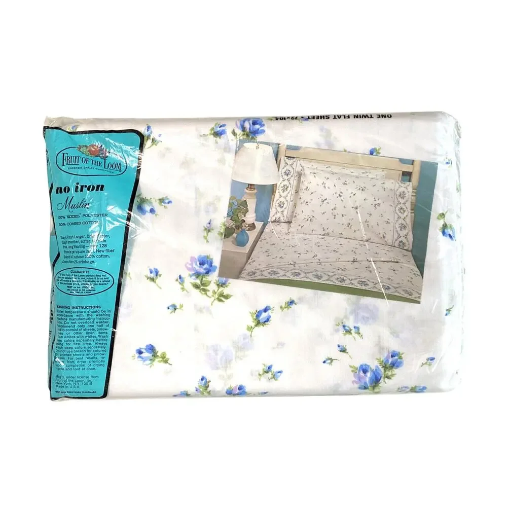 Vintage 1970s NOS  Twin Flat Sheet Fruit Of The Loom Muslin Blue Rose Flower